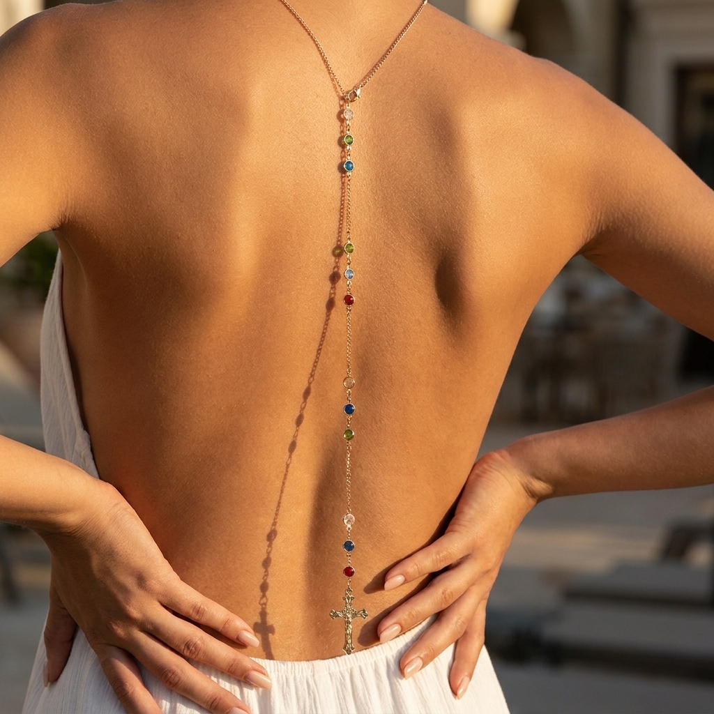 Body Jewelry Back - Minimalist Cross Crystal Back Necklace Body