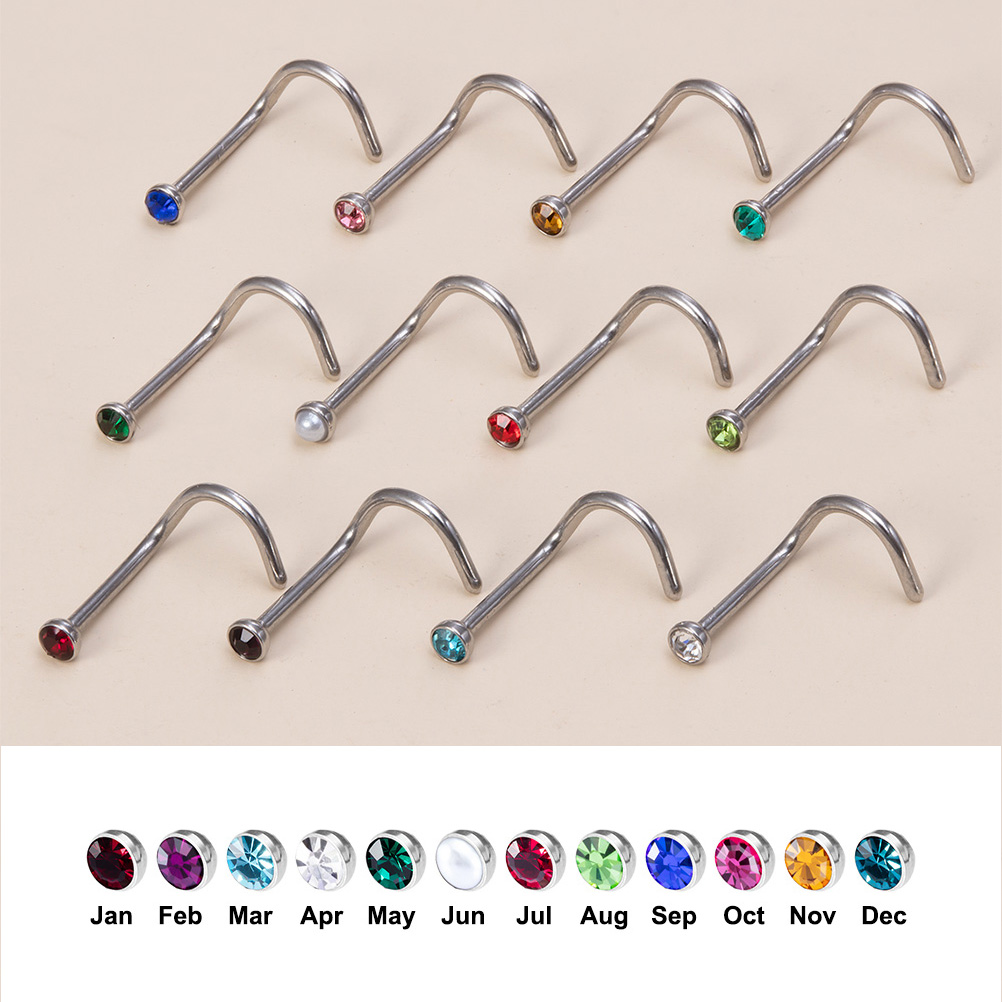 12PCS Birthstone CZ Nose Stud  - Nostril Screw Pin avis et prix